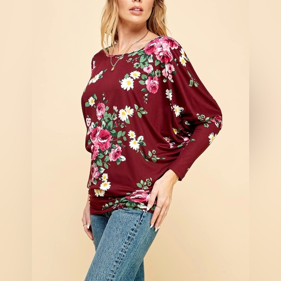 Flowy and Comfort Draped Long Sleeve Batwing Dolman -wine floral - Picture 2 of 6